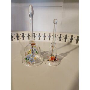 Vintage Hand Painted Crystal Glass Bells With Flowers and Long Crystal Handle